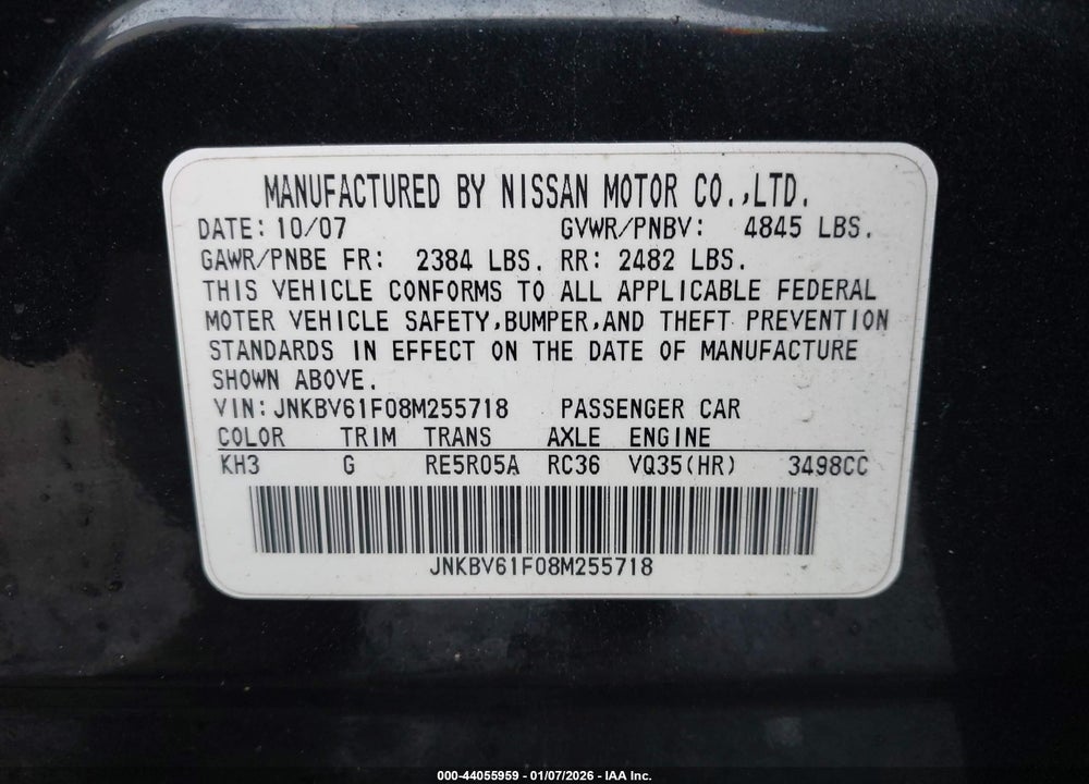 2008 INFINITI G35 VIN: JNKBV61F08M255718