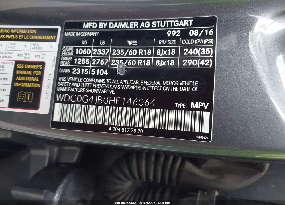 2017 MERCEDES-BENZ GLC 300 VIN: WDC0G4JB0HF146064