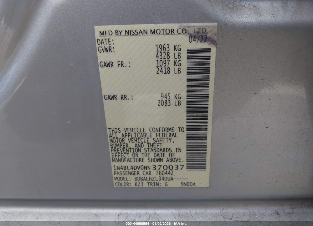 2022 NISSAN ALTIMA SV FWD VIN: 1N4BL4DV0NN370037