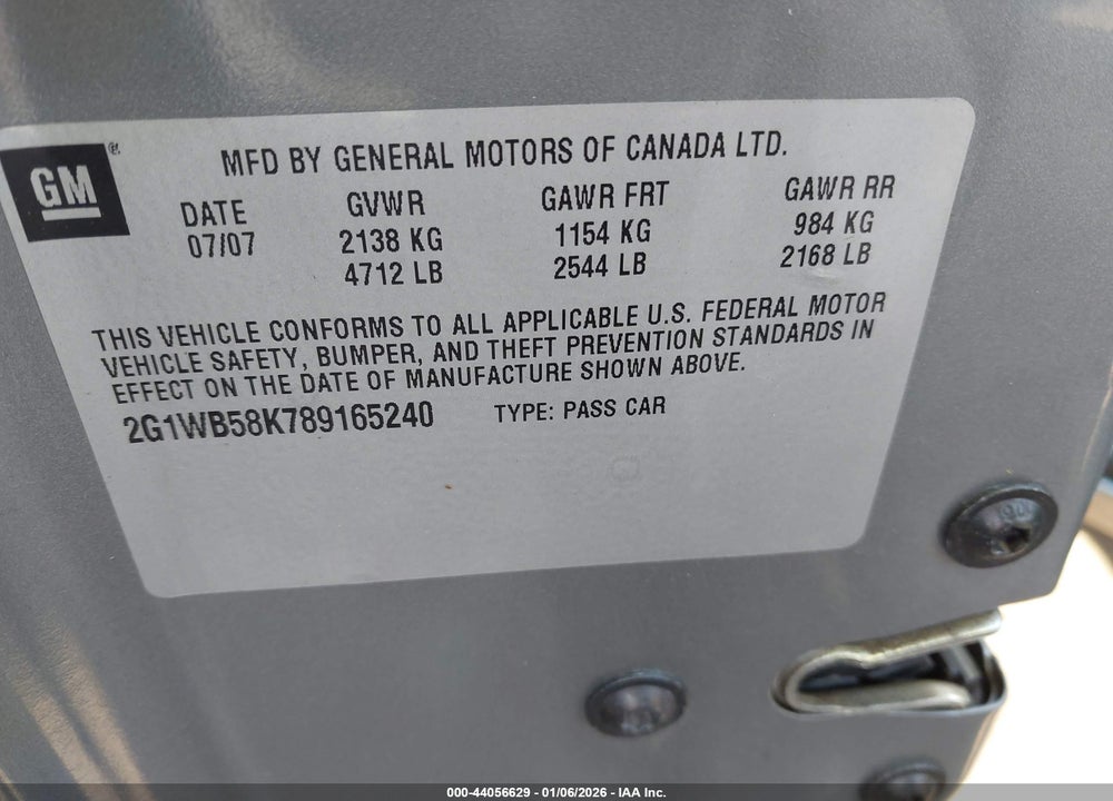 2008 CHEVROLET IMPALA LS VIN: 2G1WB58K789165240