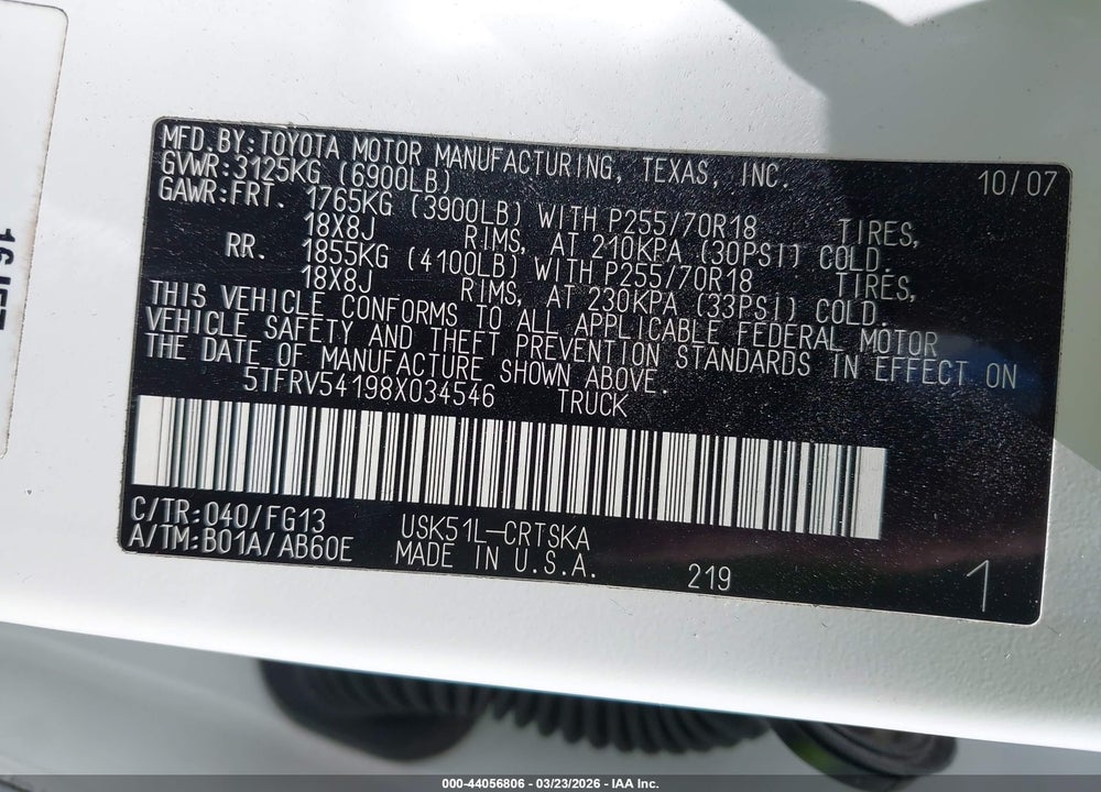 2008 TOYOTA TUNDRA SR5 5.7L V8 VIN: 5TFRV54198X034546