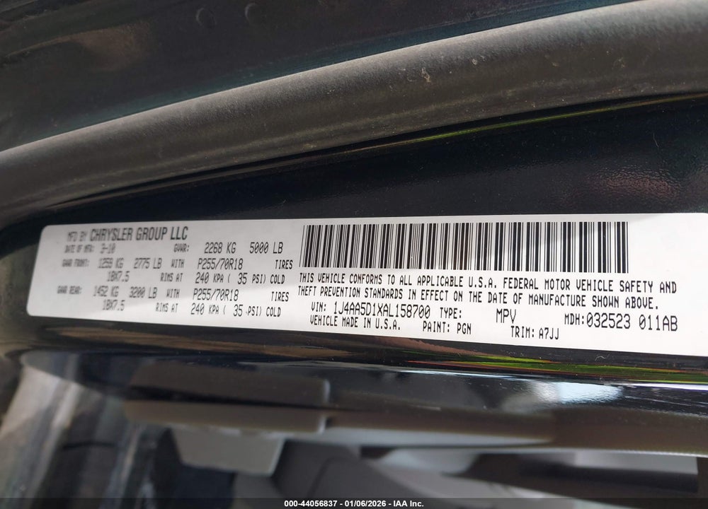 2010 JEEP WRANGLER SAHARA VIN: 1J4AA5D1XAL158700