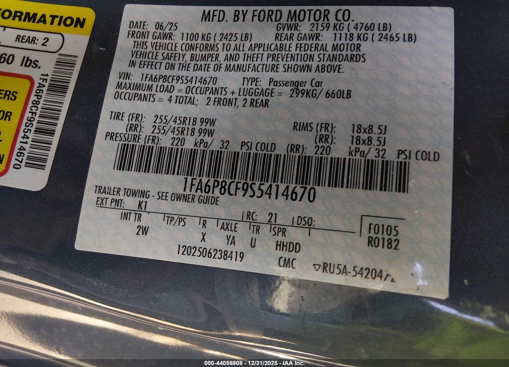 2025 FORD MUSTANG GT FASTBACK VIN: 1FA6P8CF9S5414670