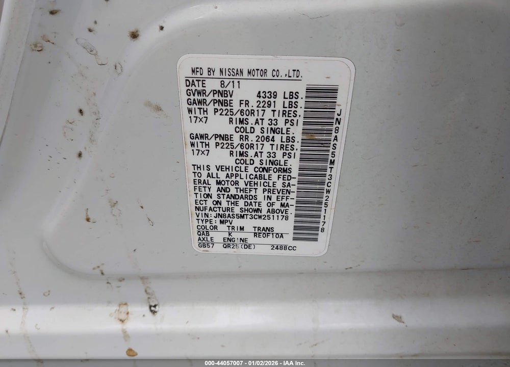 2012 NISSAN ROGUE SV VIN: JN8AS5MT3CW251178