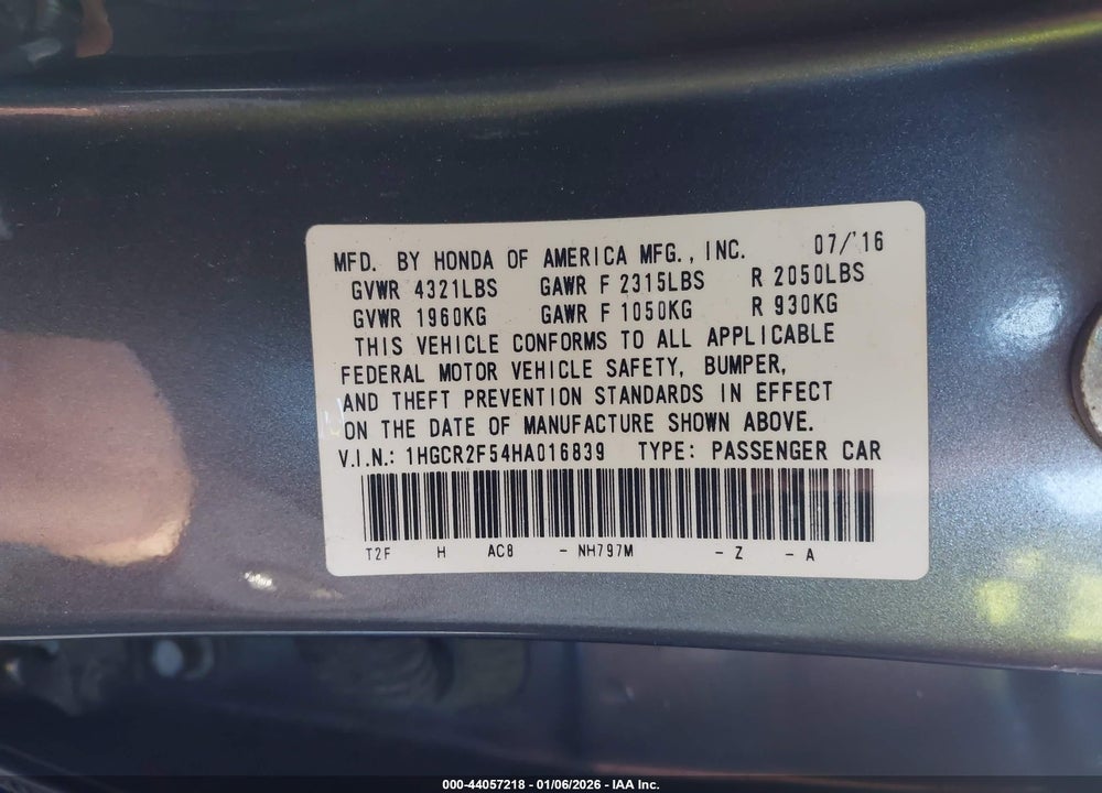 2017 HONDA ACCORD SPORT VIN: 1HGCR2F54HA016839