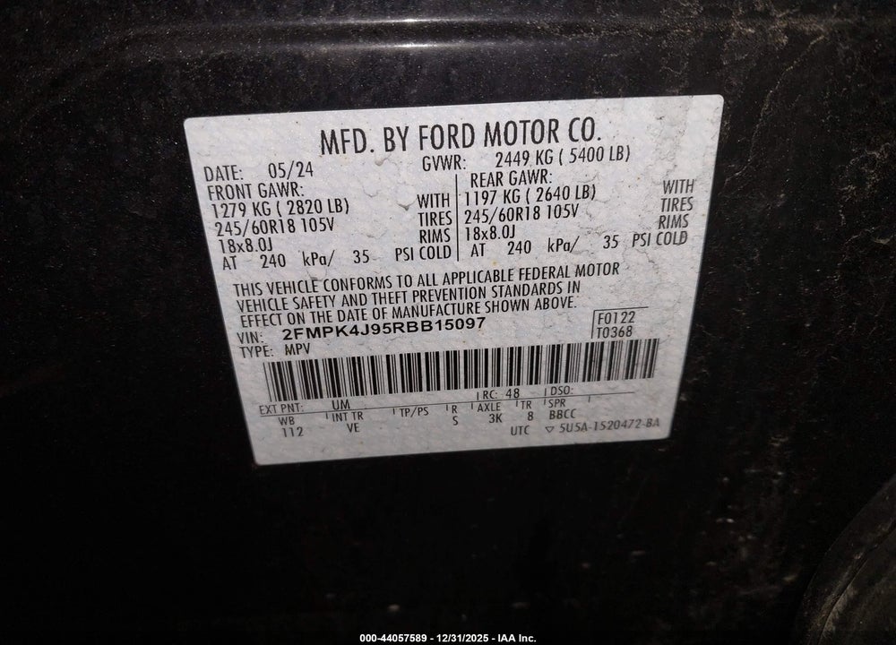 2024 FORD EDGE SEL VIN: 2FMPK4J95RBB15097