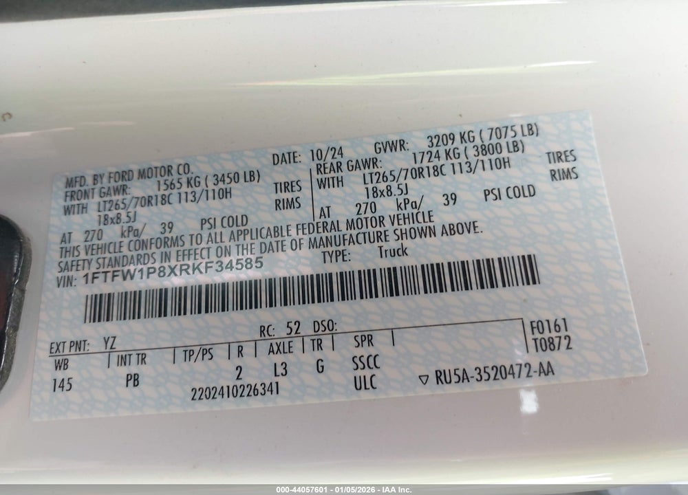 2024 FORD F-150 POLICE RESPONDER XL VIN: 1FTFW1P8XRKF34585