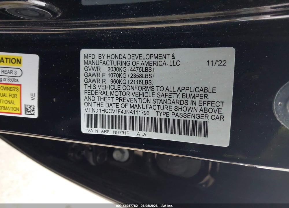 2022 HONDA ACCORD SPORT SPECIAL EDITION VIN: 1HGCV1F49NA111793
