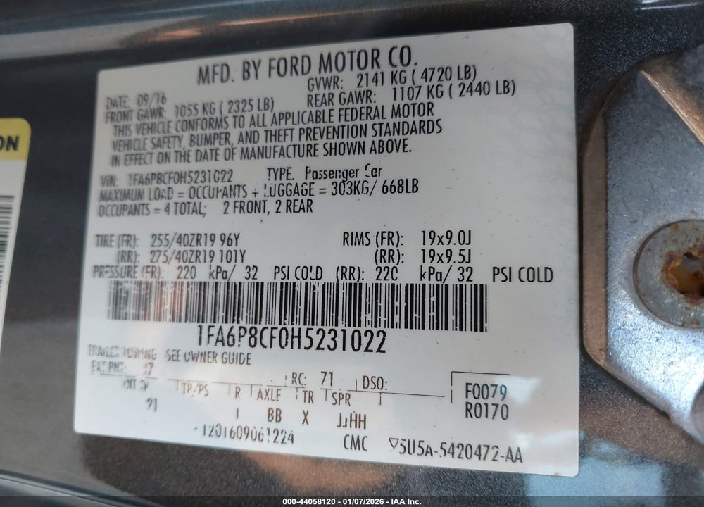 2017 FORD MUSTANG GT VIN: 1FA6P8CF0H5231022