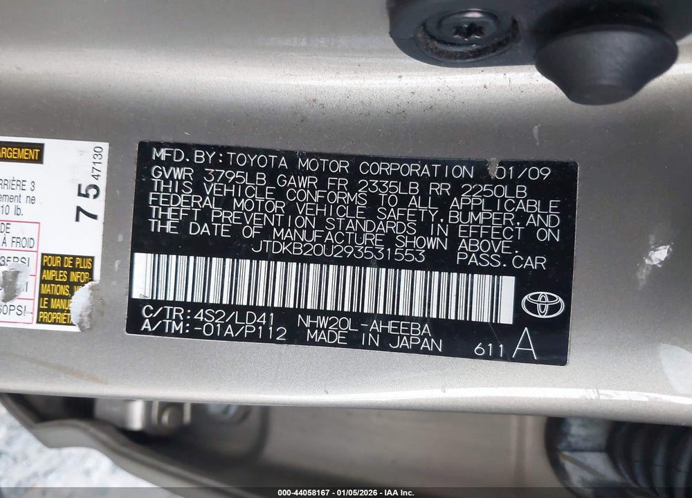 2009 TOYOTA PRIUS VIN: JTDKB20U293531553