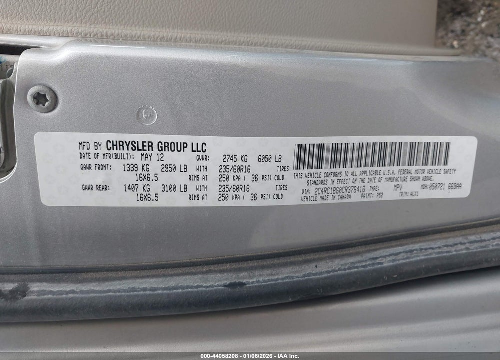 2012 CHRYSLER TOWN & COUNTRY TOURING VIN: 2C4RC1BG0CR376416