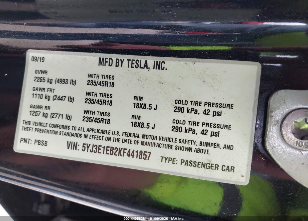 2019 TESLA MODEL 3 LONG RANGE/PERFORMANCE VIN: 5YJ3E1EB2KF441857