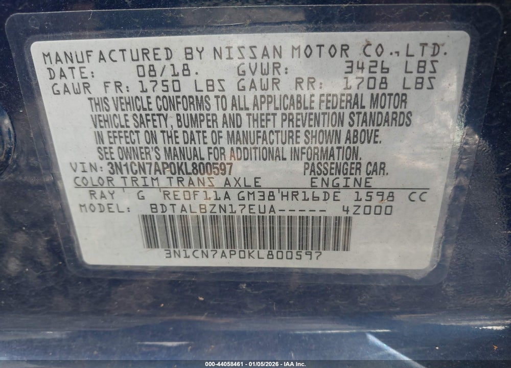 2019 NISSAN VERSA 1.6 SV VIN: 3N1CN7AP0KL800597
