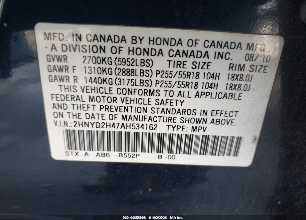 2010 ACURA MDX TECHNOLOGY PACKAGE VIN: 2HNYD2H47AH534162