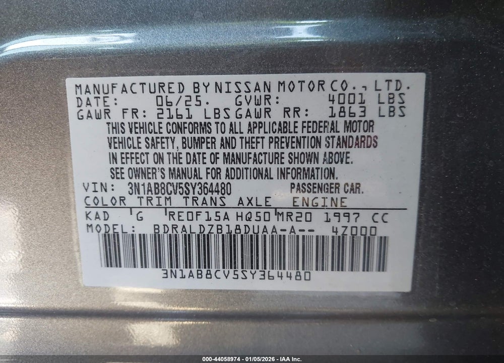 2025 NISSAN SENTRA SV VIN: 3N1AB8CV5SY364480