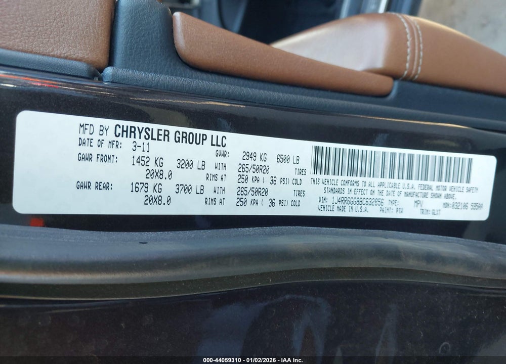 2011 JEEP GRAND CHEROKEE OVERLAND VIN: 1J4RR6GG8BC632856