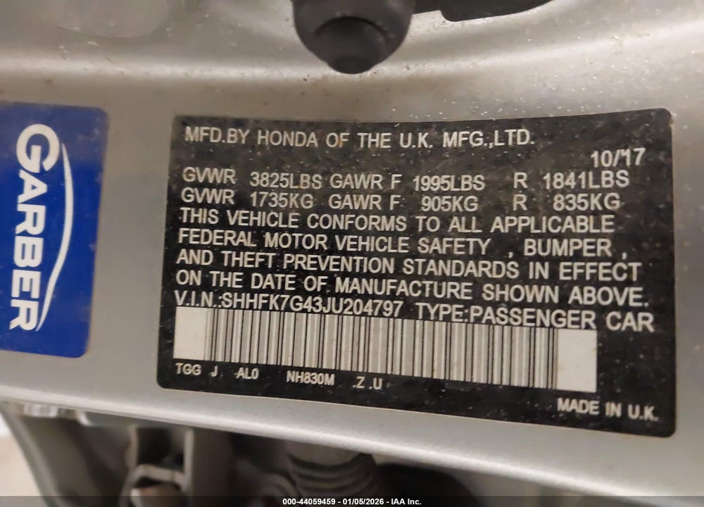 2018 HONDA CIVIC SPORT VIN: SHHFK7G43JU204797