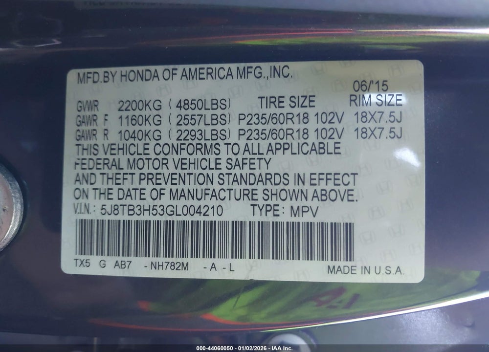 2016 ACURA RDX TECHNOLOGY   WATCH PLUS PACKAGES/TECHNOLOGY PACKAGE VIN: 5J8TB3H53GL004210