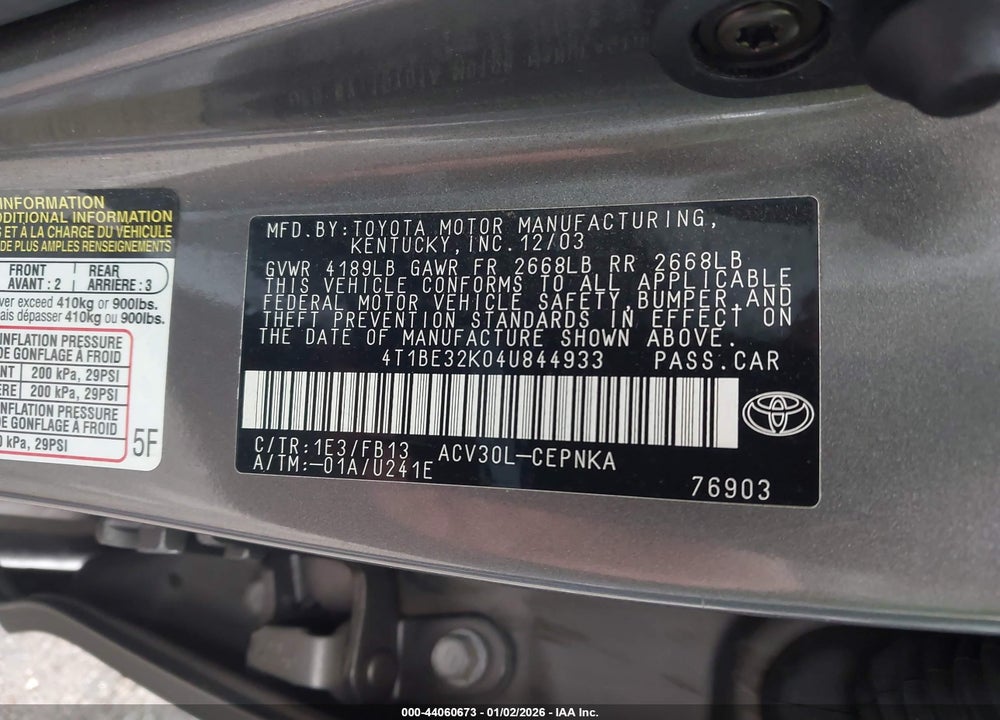 2004 TOYOTA CAMRY LE VIN: 4T1BE32K04U844933