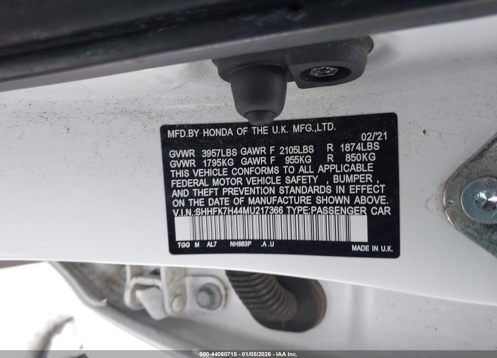 2021 HONDA CIVIC SPORT VIN: SHHFK7H44MU217366