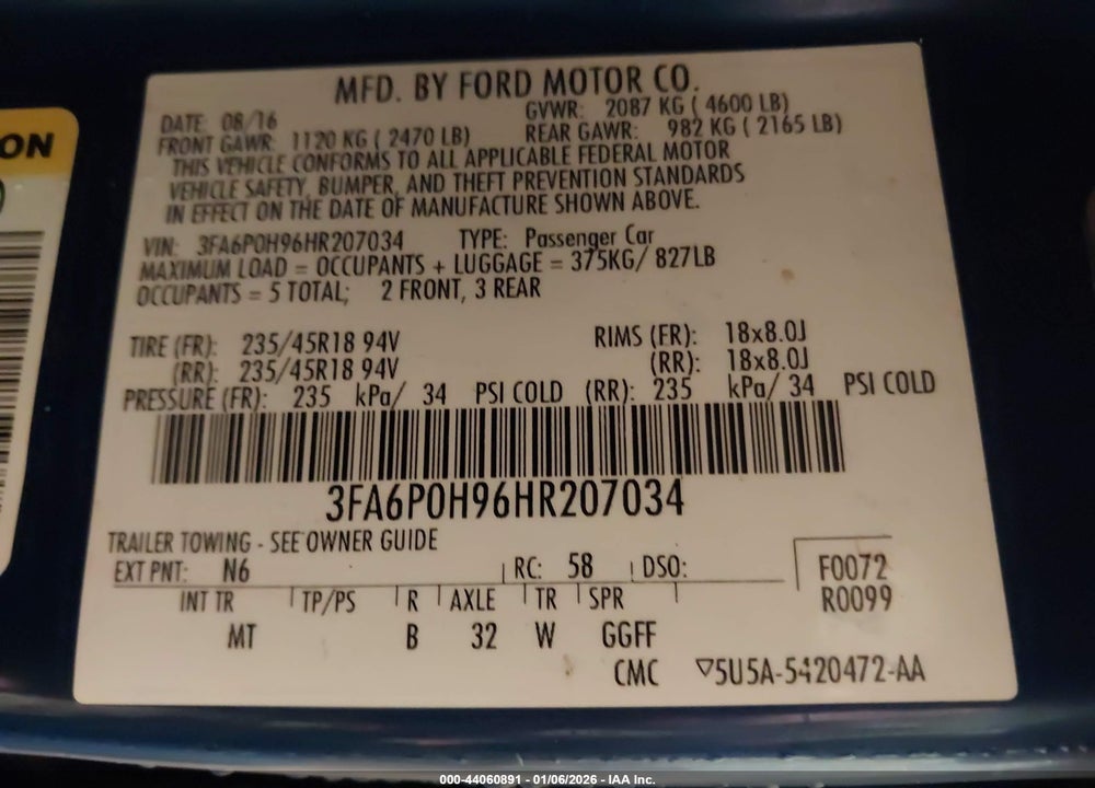 2017 FORD FUSION SE VIN: 3FA6P0H96HR207034