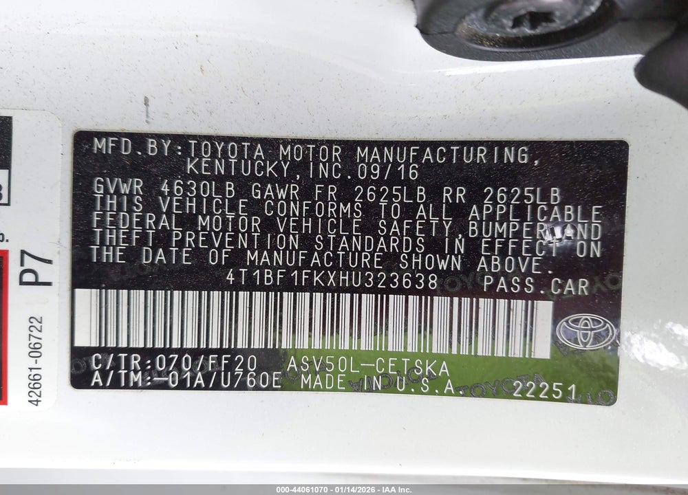 2017 TOYOTA CAMRY SE VIN: 4T1BF1FKXHU323638