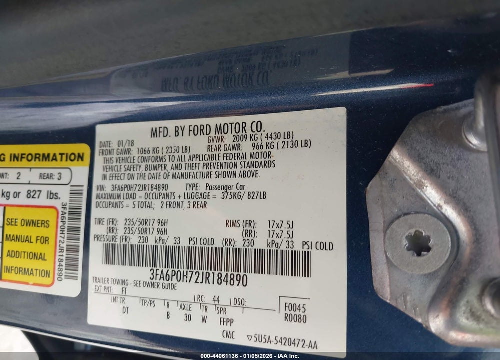 2018 FORD FUSION SE VIN: 3FA6P0H72JR184890