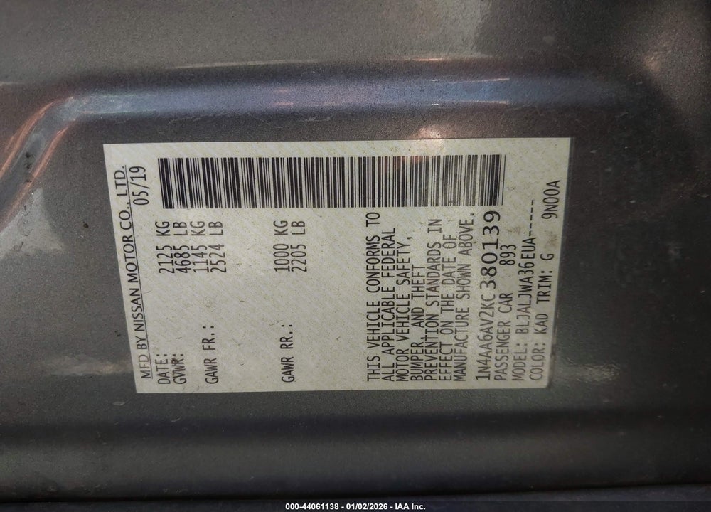 2019 NISSAN MAXIMA 3.5 SV VIN: 1N4AA6AV2KC380139