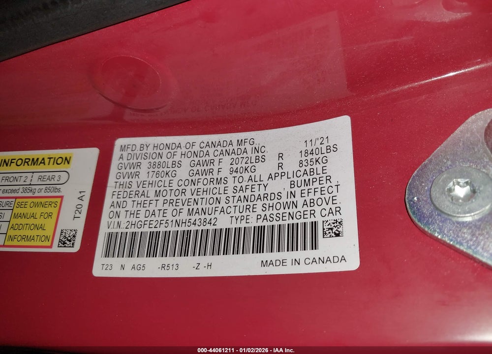 2022 HONDA CIVIC SPORT VIN: 2HGFE2F51NH543842