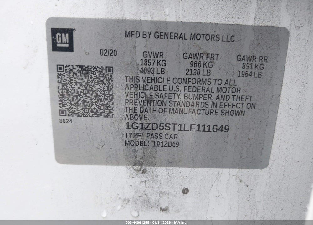 2020 CHEVROLET MALIBU FWD LT VIN: 1G1ZD5ST1LF111649
