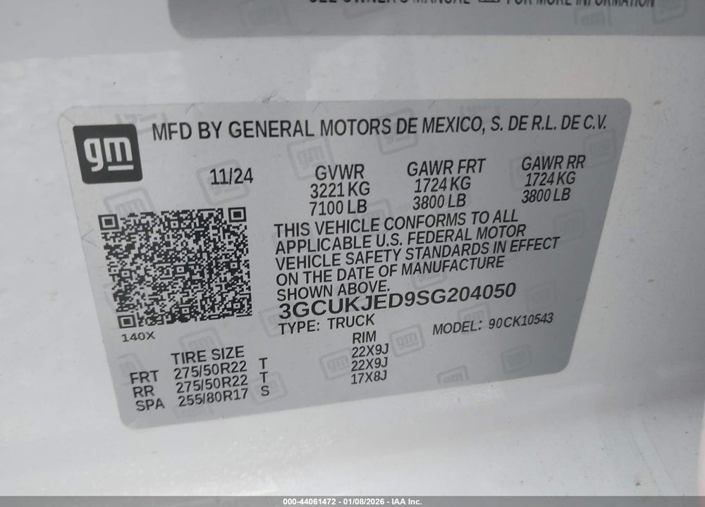 2025 CHEVROLET SILVERADO 1500 4WD  SHORT BED HIGH COUNTRY VIN: 3GCUKJED9SG204050