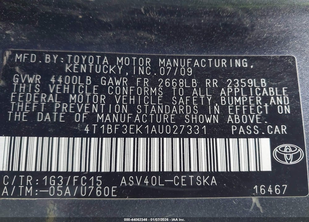 2010 TOYOTA CAMRY SE VIN: 4T1BF3EK1AU027331