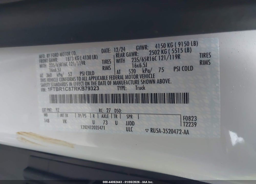 2024 FORD TRANSIT-250 VIN: 1FTBR1C87RKB79323
