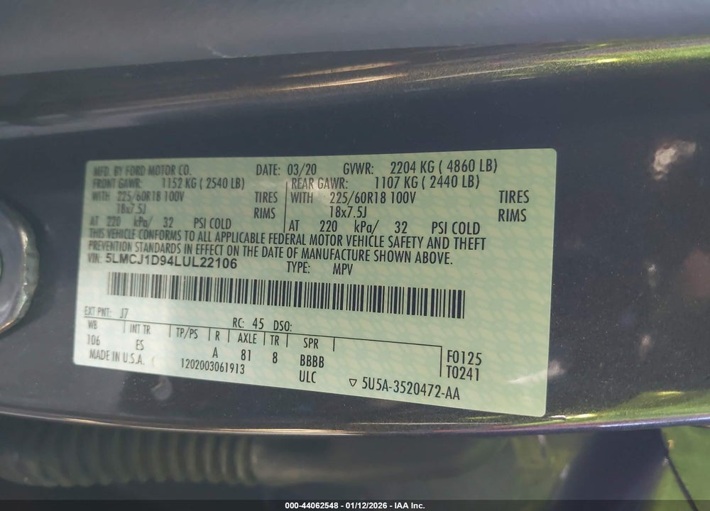 2020 LINCOLN CORSAIR STANDARD VIN: 5LMCJ1D94LUL22106