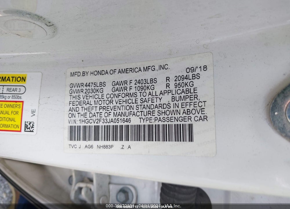 2018 HONDA ACCORD SPORT 2.0T VIN: 1HGCV2F33JA051646