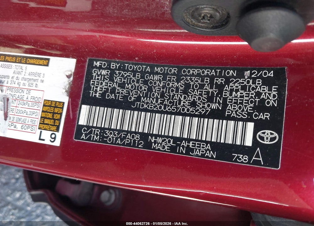 2005 TOYOTA PRIUS VIN: JTDKB20U657005297