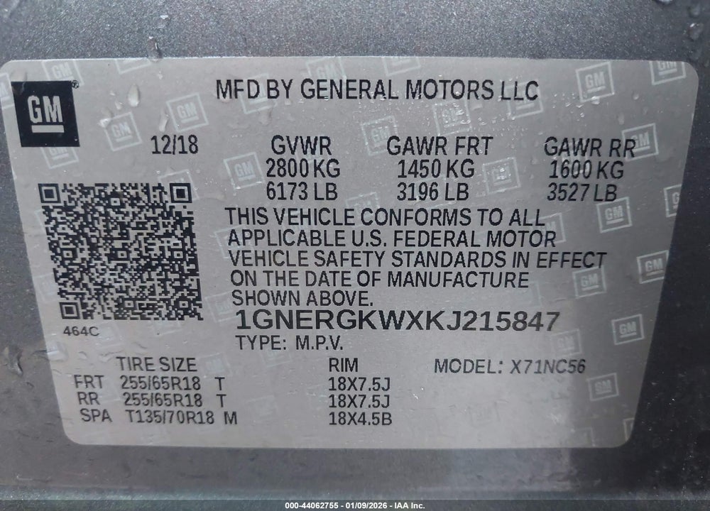 2019 CHEVROLET TRAVERSE 1LT VIN: 1GNERGKWXKJ215847