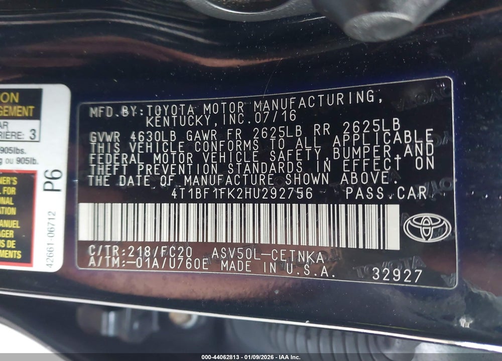 2017 TOYOTA CAMRY LE VIN: 4T1BF1FK2HU292756