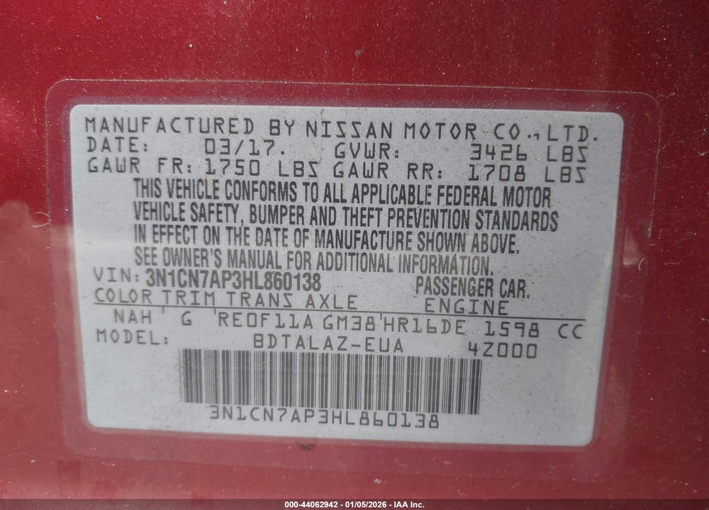 2017 NISSAN VERSA 1.6 S+ VIN: 3N1CN7AP3HL860138