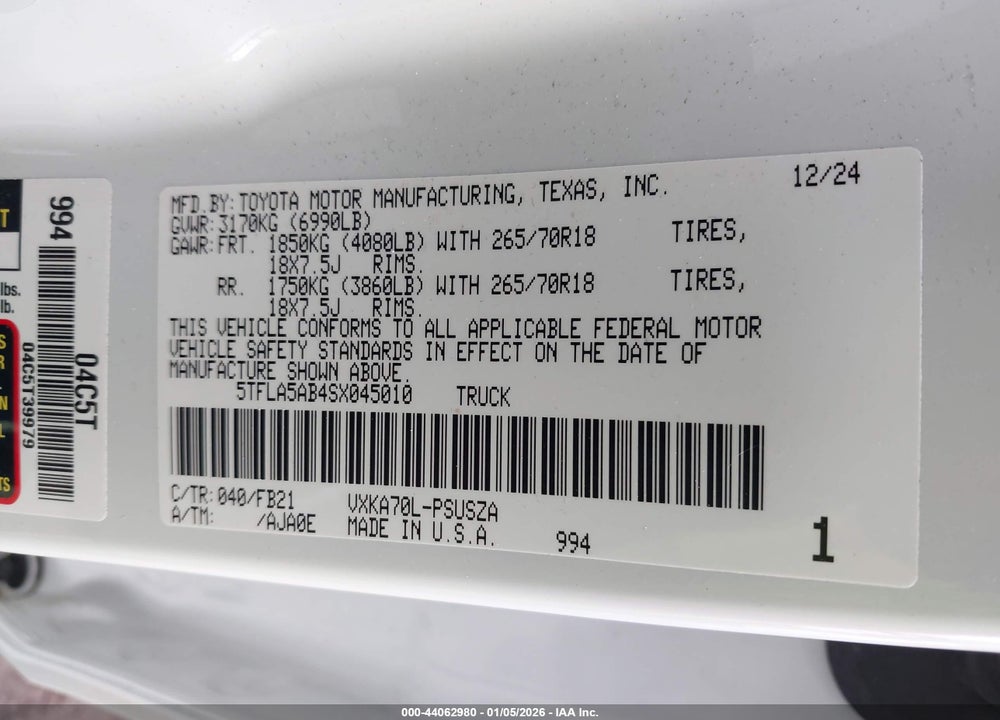 2025 TOYOTA TUNDRA SR5 VIN: 5TFLA5AB4SX045010