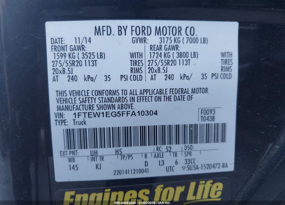 2015 FORD F-150 KING RANCH VIN: 1FTEW1EG5FFA10304