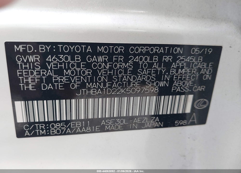 2019 LEXUS IS 300 VIN: JTHBA1D22K5097598