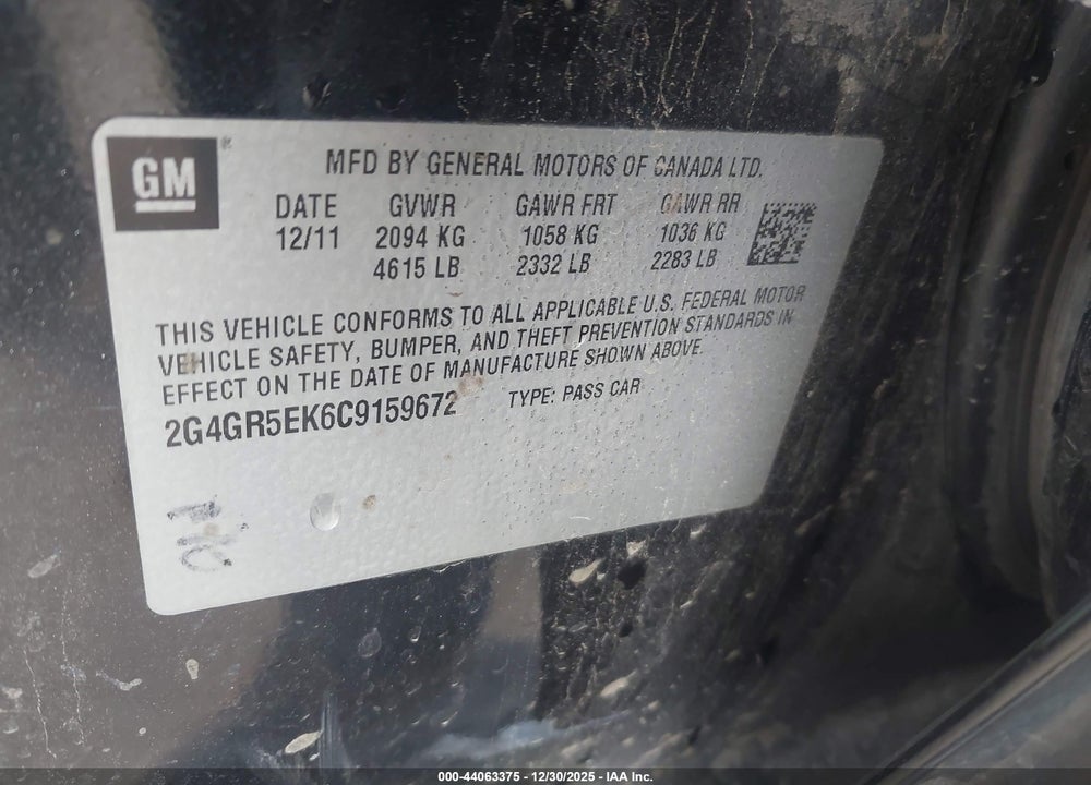 2012 BUICK REGAL VIN: 2G4GR5EK6C9159672