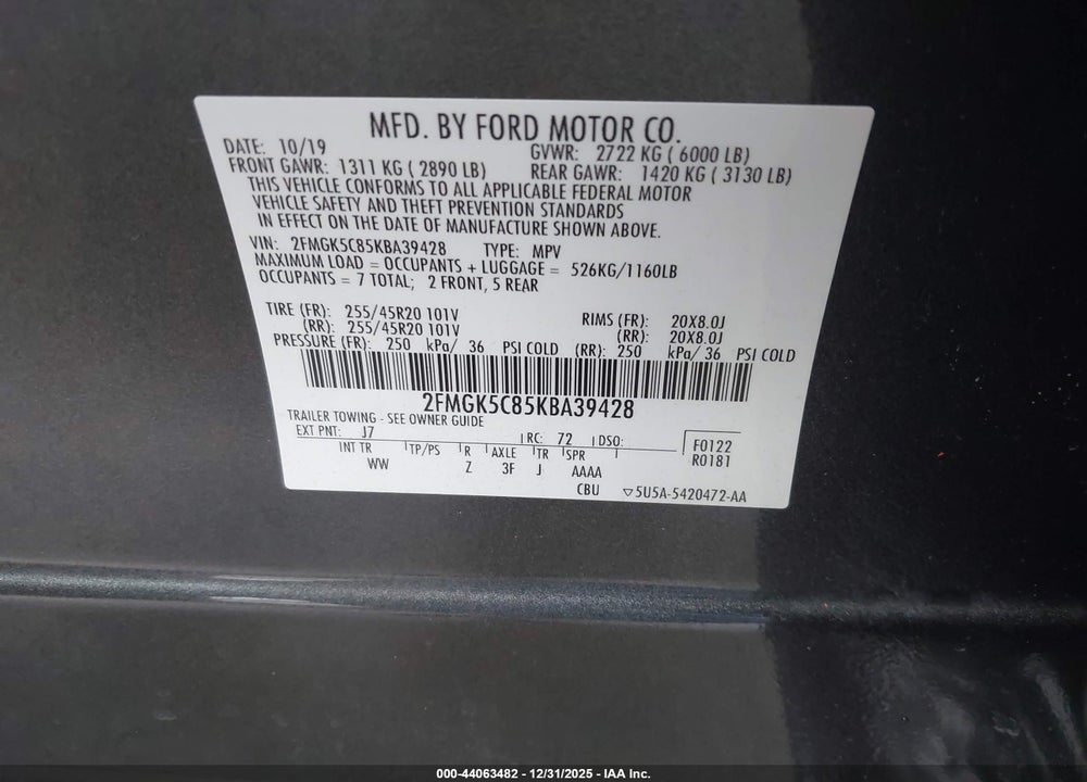 2019 FORD FLEX SEL VIN: 2FMGK5C85KBA39428