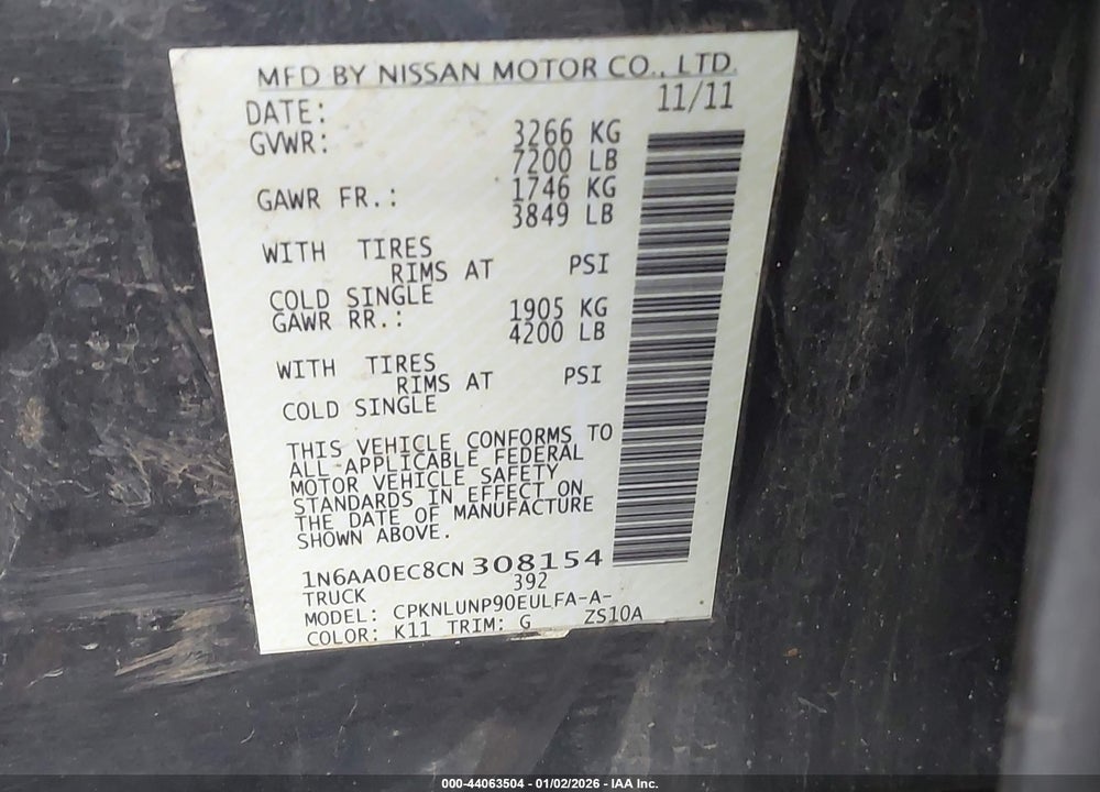 2012 NISSAN TITAN PRO-4X VIN: 1N6AA0EC8CN308154