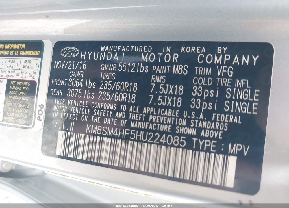 2017 HYUNDAI SANTA FE SE VIN: KM8SM4HF5HU224085