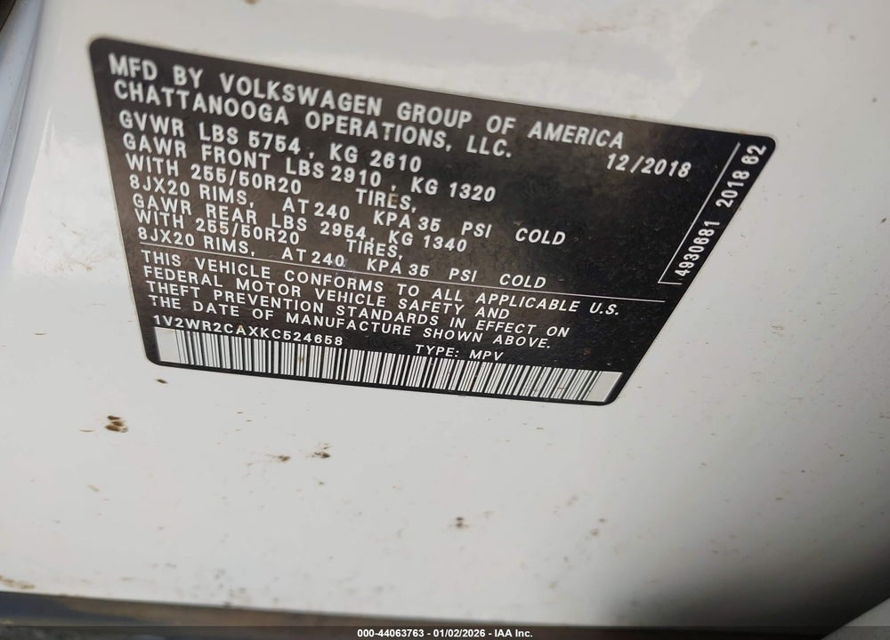 2019 VOLKSWAGEN ATLAS 3.6L V6 SE W/TECHNOLOGY VIN: 1V2WR2CAXKC524658