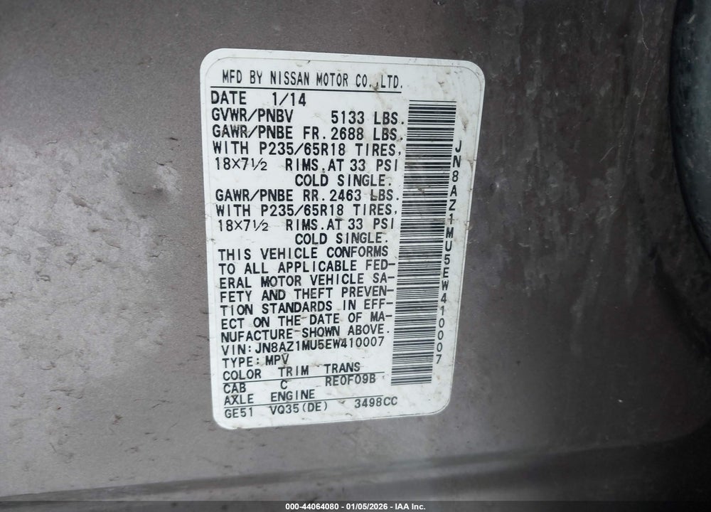 2014 NISSAN MURANO SL VIN: JN8AZ1MU5EW410007