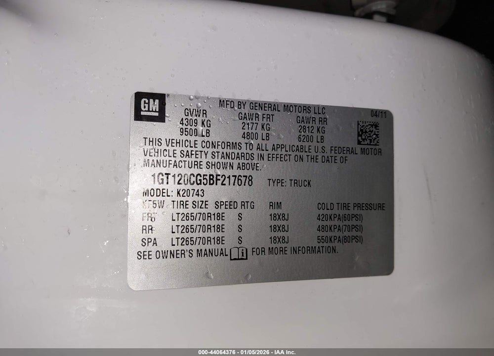 2011 GMC SIERRA 2500HD SLE VIN: 1GT120CG5BF217678