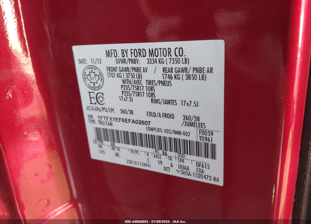 2014 FORD F-150 XLT VIN: 1FTFX1EF6EFA02607
